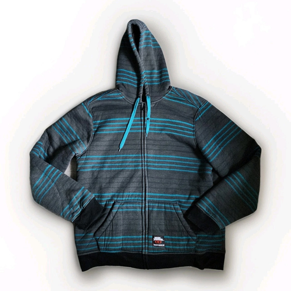 No Fear Sweatshirt Mens XL Gray & Blue Striped Full Zip Fleece Lined Hoodie Y2K - Picture 2 of 15